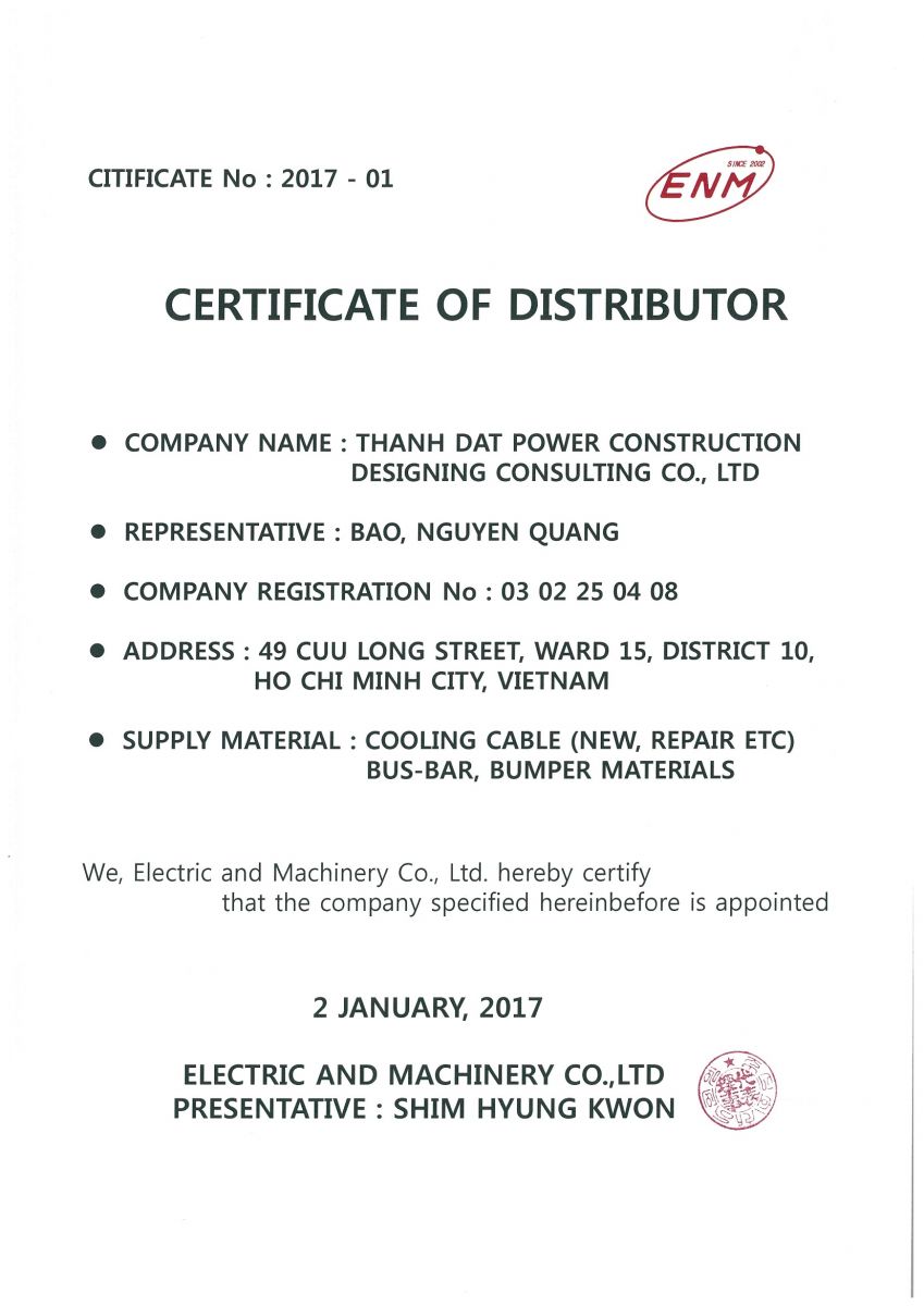 Certificate of Distributor/Chứng nhận Nhà phân phối